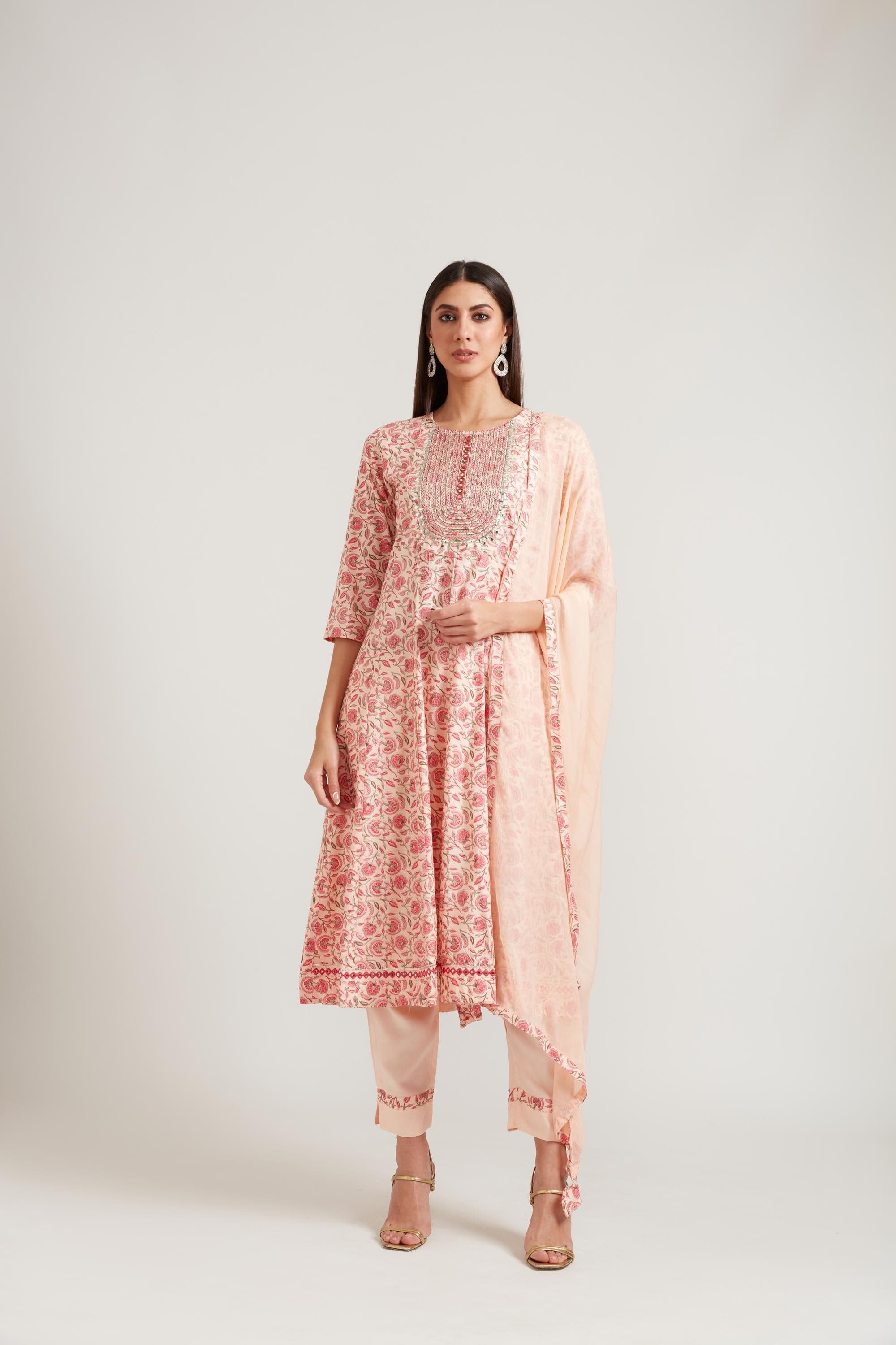 Neerus Peach Color Cotton Fabric Suit Set Neerus Peach Color Cotton Fabric Suit Set